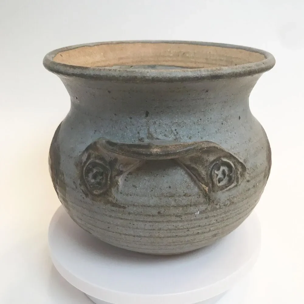 Signed Studio Stoneware Pot Gray MCM Abstract Round w Handles 7.5
